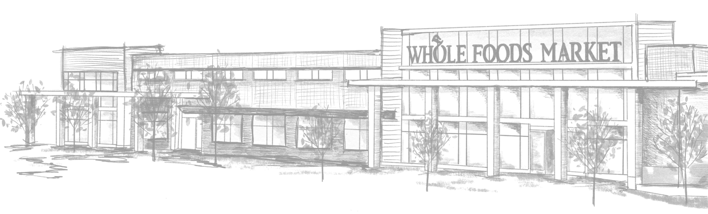 sketch of a shopping complex with Whole Foods Market